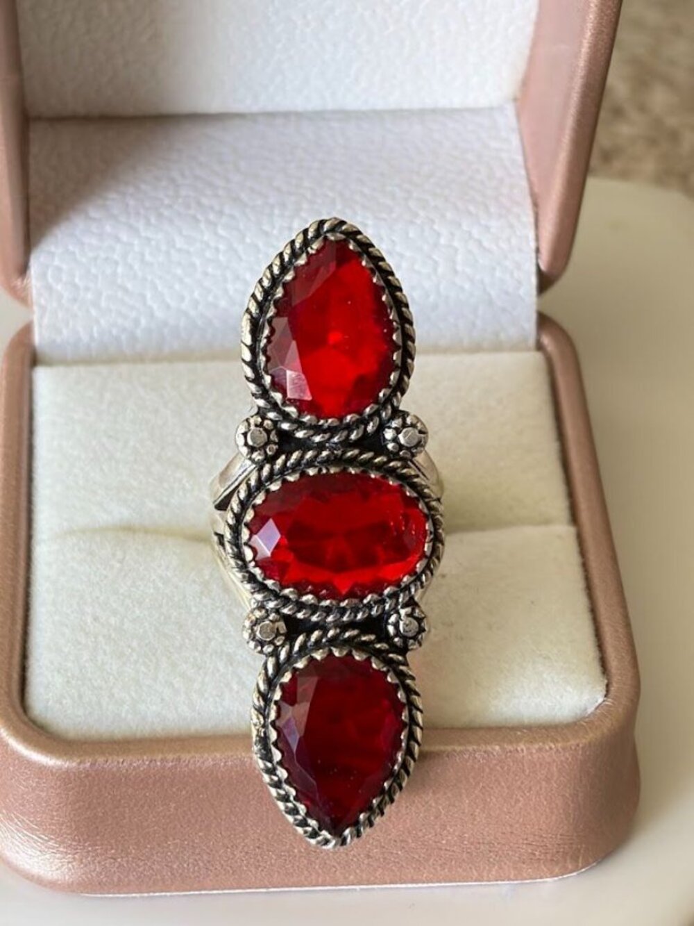 Simulated Garnet Three Stone Statement Ring 925 Silver Plated - Size 6.5